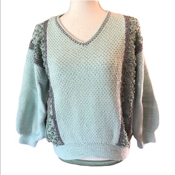 Sweaters - Vintage HAND knit sweater vintage 80s sea foam green with silver accent